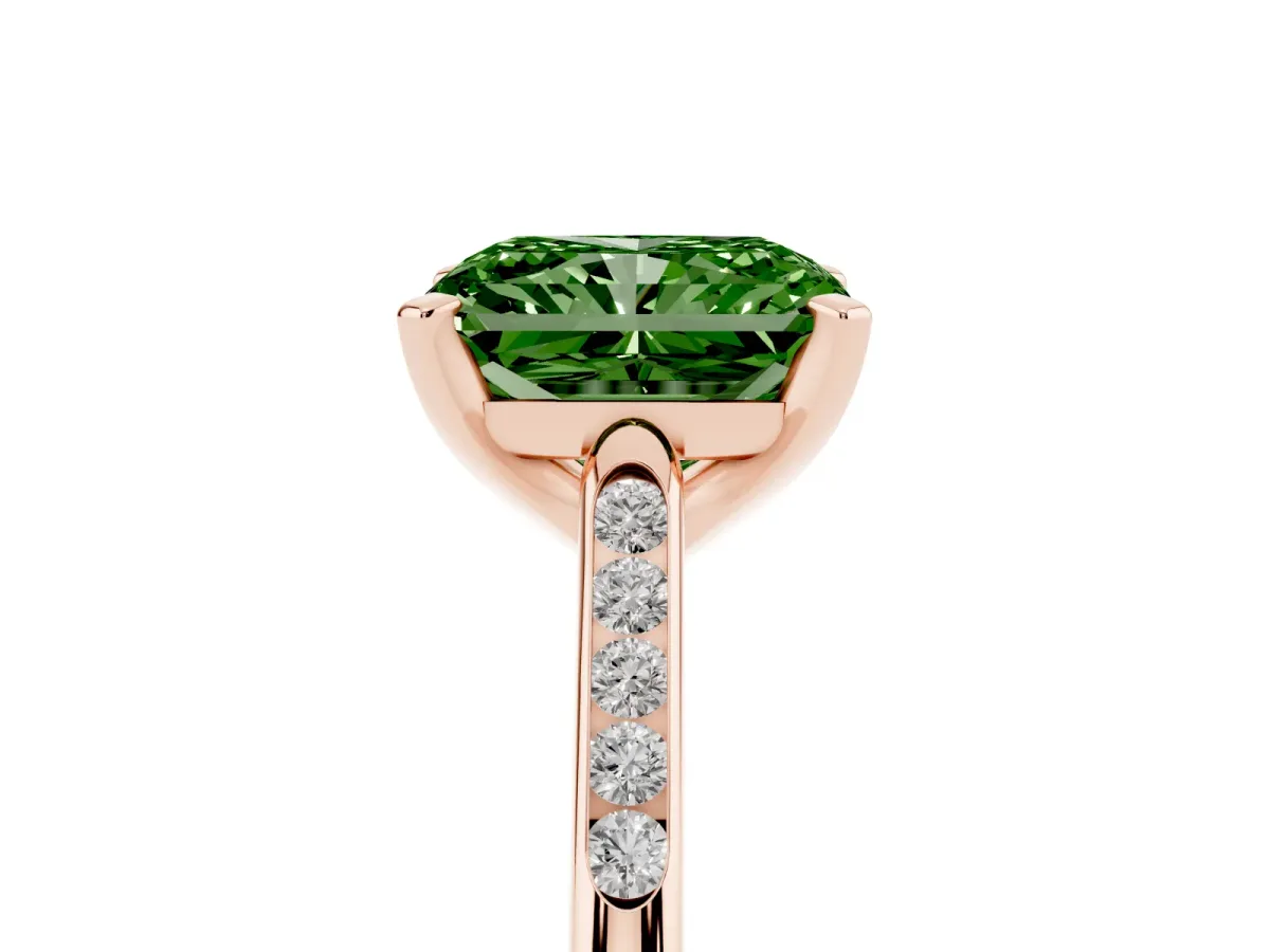 Fancy Green Radiant Cut Diamond Solitaire Ring with Channel Set Round Band and Prong Setting Rose gold