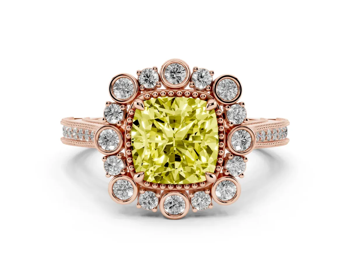 Fancy Yellow Cushion Cut Halo Milgrain Pave Diamond Ring with Four-Prong Setting Rose gold