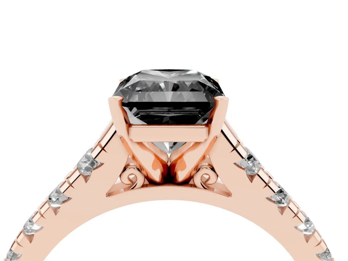 Fancy Black Radiant Cut Diamond Cathedral Solitaire Ring with Round Pavé Band Rose gold