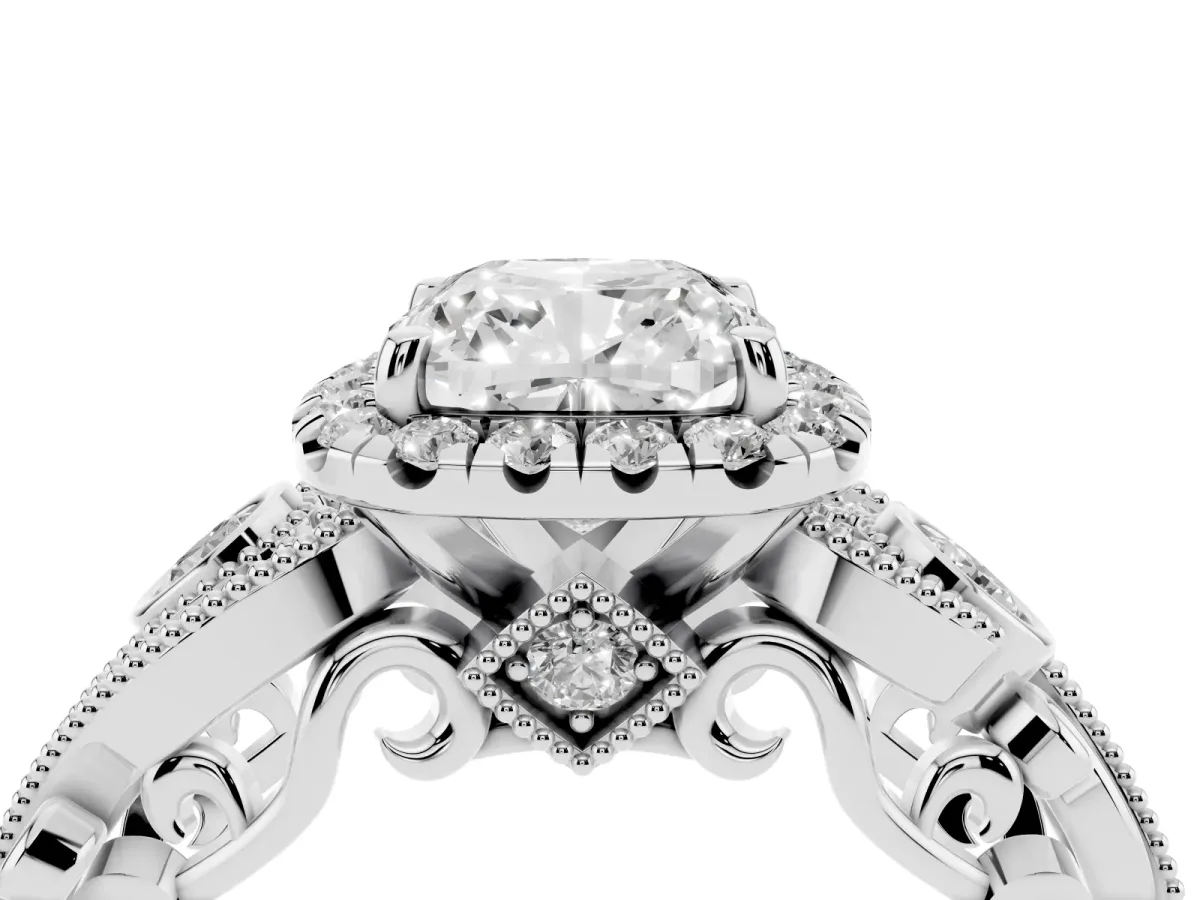 Cushion Cut Diamond Halo Ring with Milgrain Pavé Band and Four-Prong Setting White gold