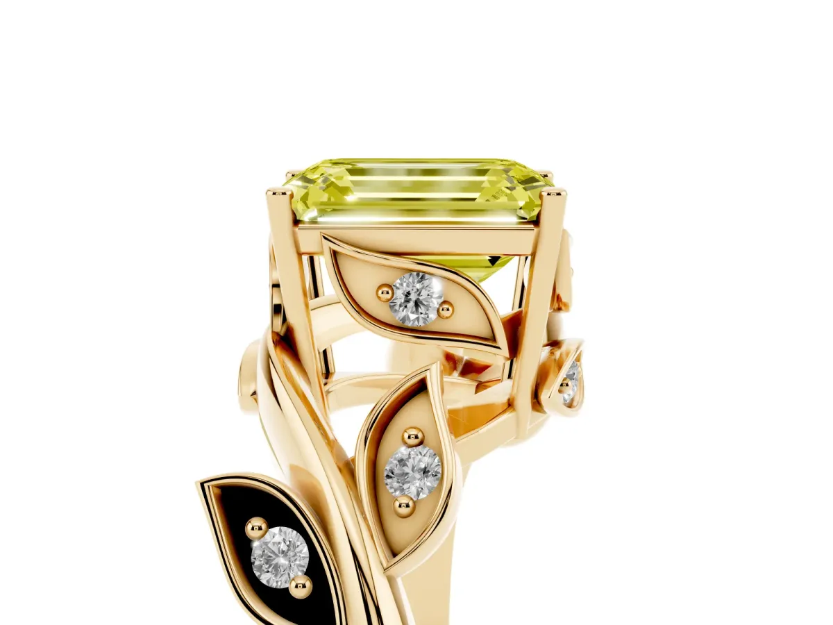 Fancy Yellow Emerald Cut Solitaire Twist Engagement Ring with Leaf Accents and Prong Setting Yellow gold