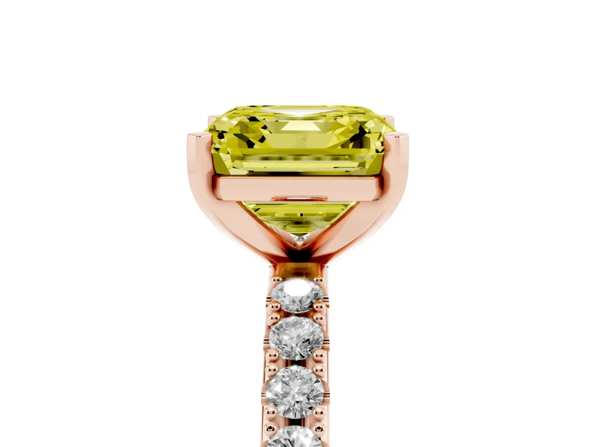 Fancy Yellow Asscher Cut Diamond Solitaire Pavé Band with Four-Prong Setting Rose gold