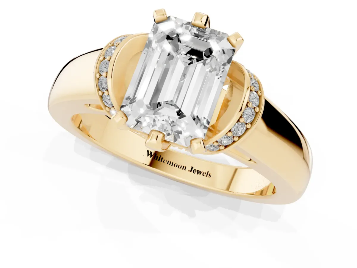 Emerald Cut Solitaire Diamond Ring with Pave Band and Six-Prong Setting Yellow gold