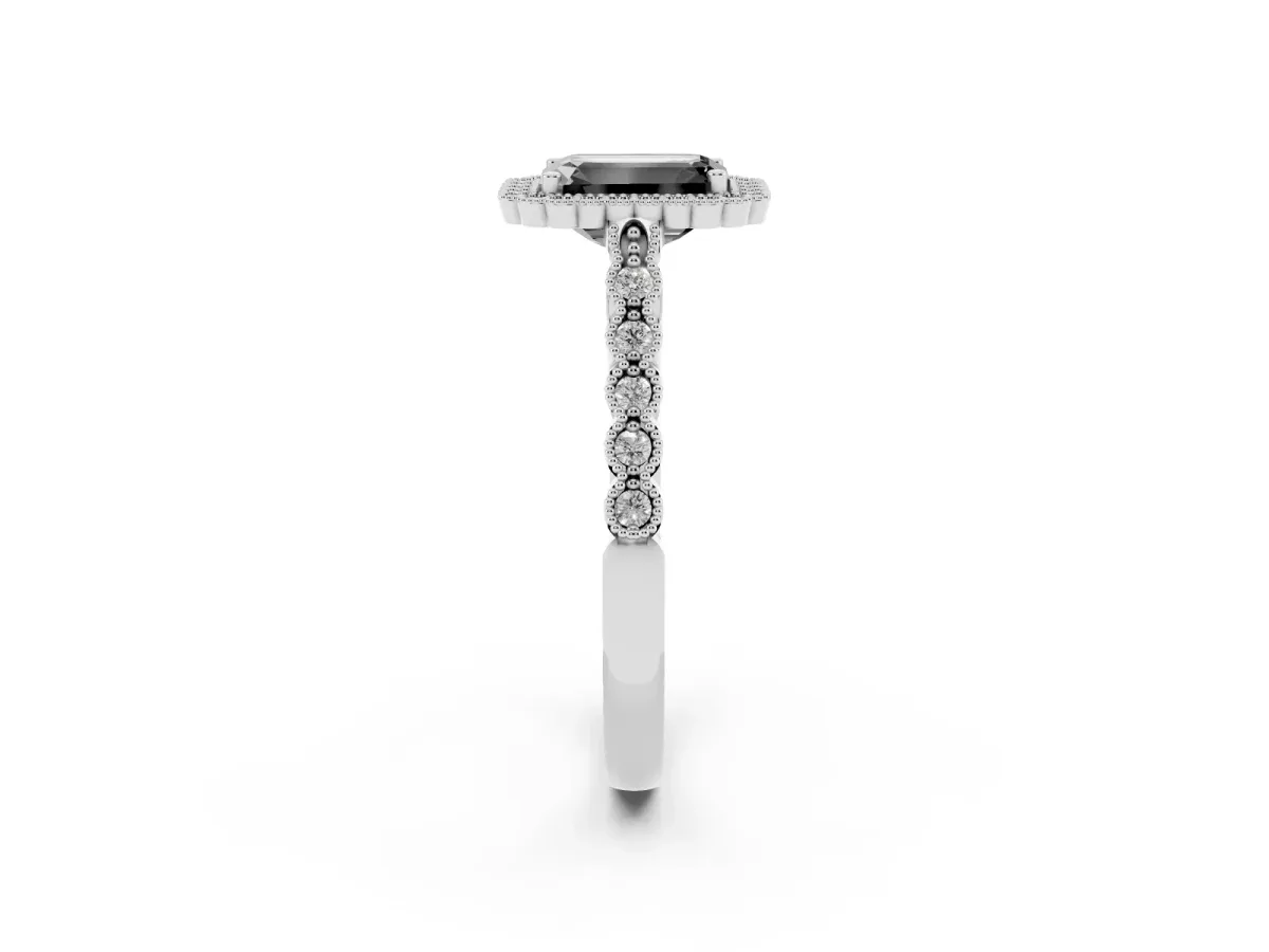 Fancy Black Emerald Cut Cut Halo Pavé Solitaire Ring with Milgrain Band Silver
