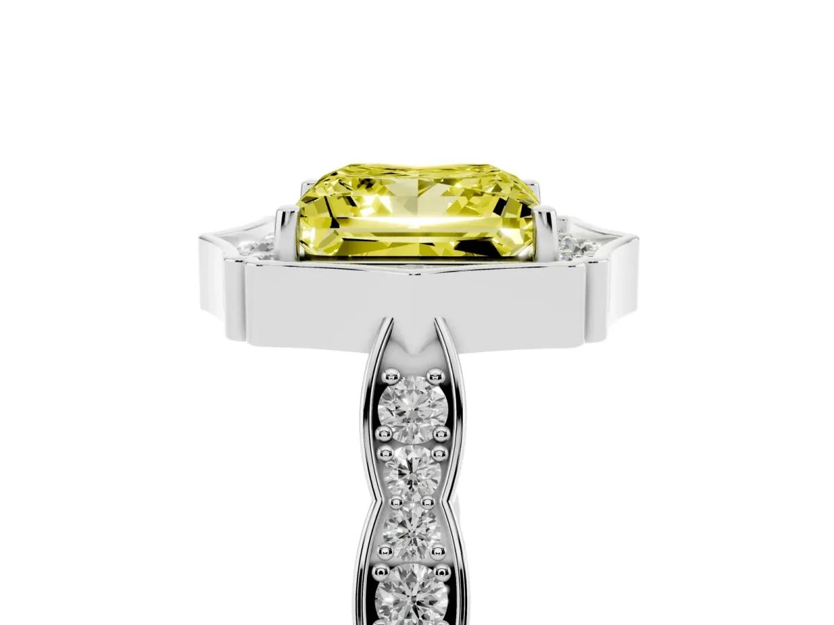 Fancy Yellow Princess Cut Halo Diamond Engagement Ring with Milgrain Band and Four-Prong Setting Silver