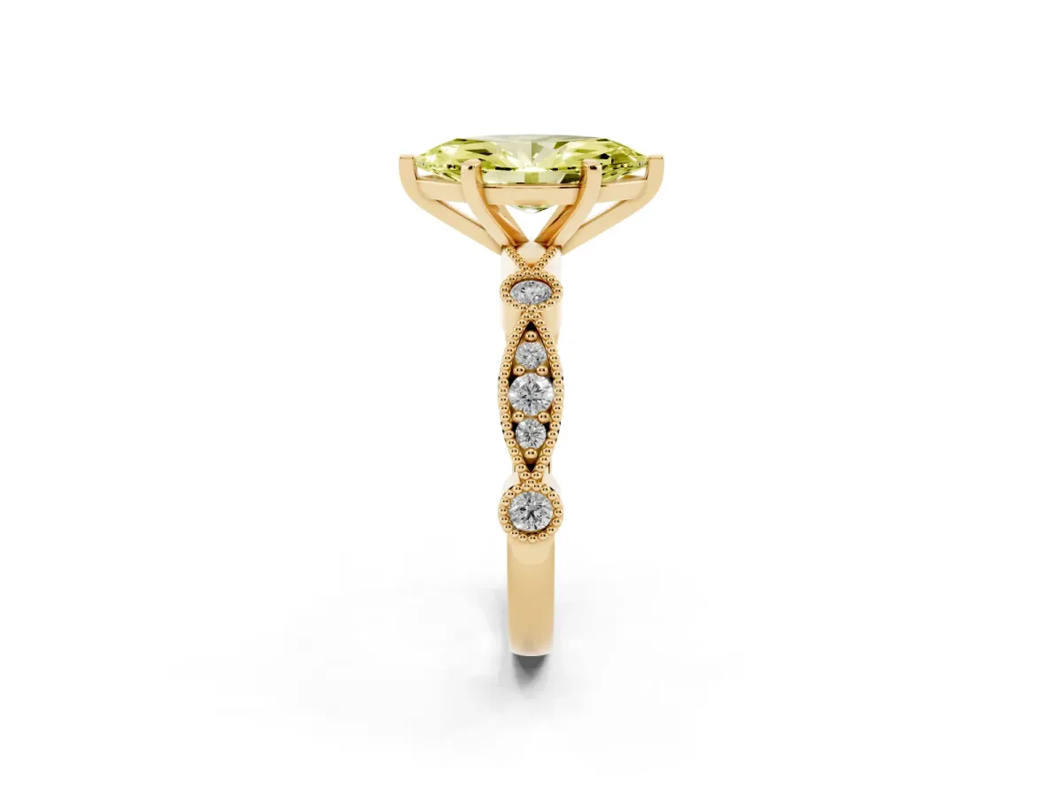 Fancy Yellow Marquise Cut Milgrain Bezel Diamond Engagement Ring with Solitaire Prong Setting Yellow gold