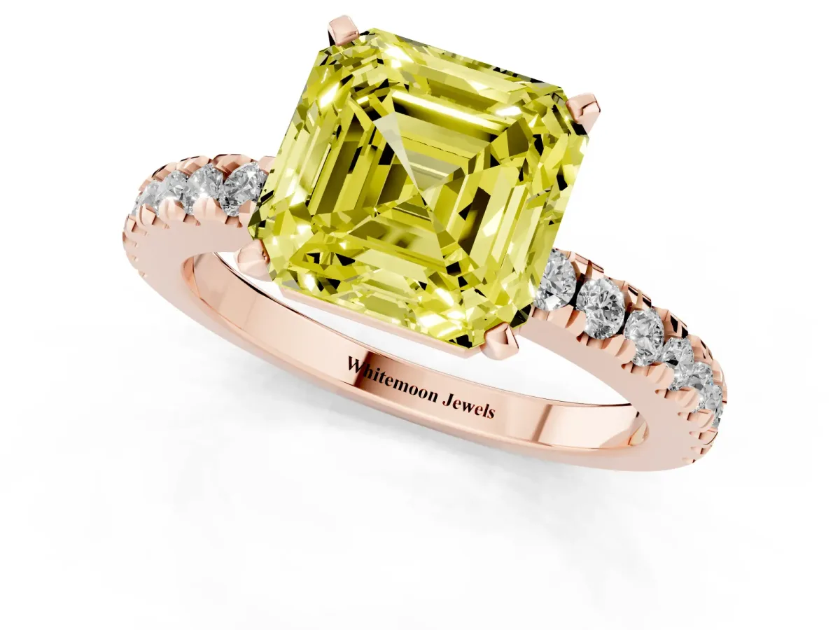Fancy Yellow Asscher Cut Solitaire Diamond with Pavé Band and Four-Prong Setting Rose gold