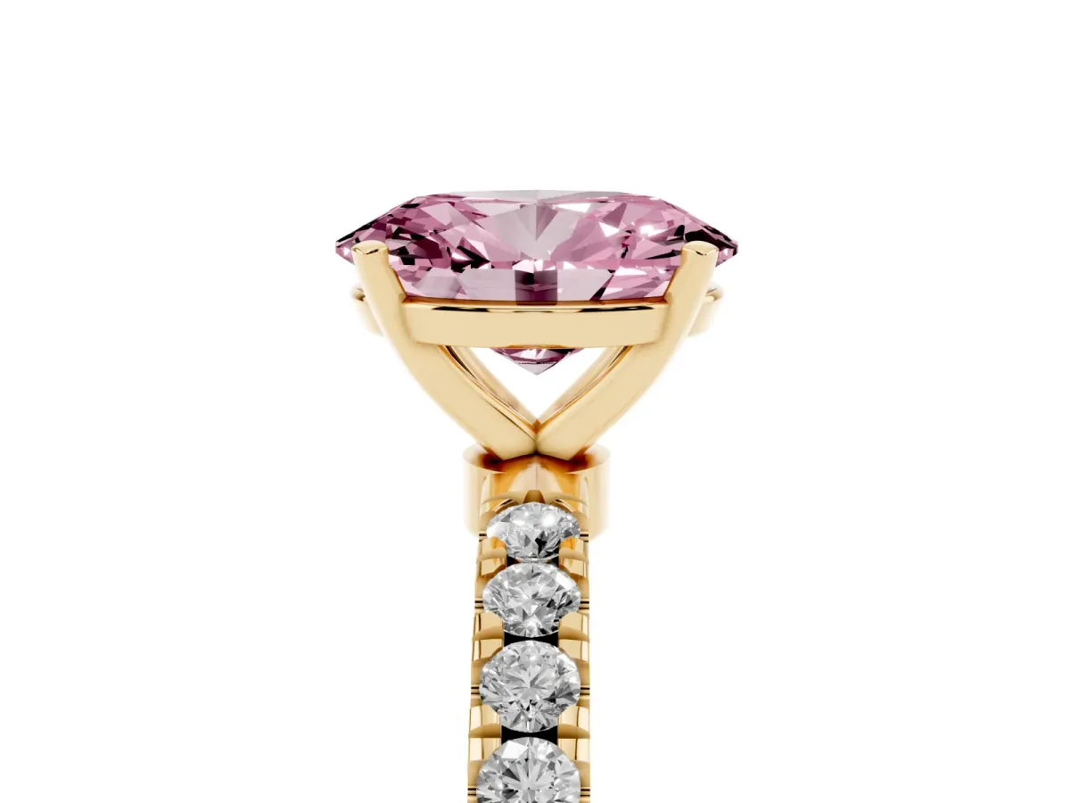 Fancy Pink Oval Cut Diamond Solitaire Ring with Pavé Accents and Four-Prong Setting Yellow gold