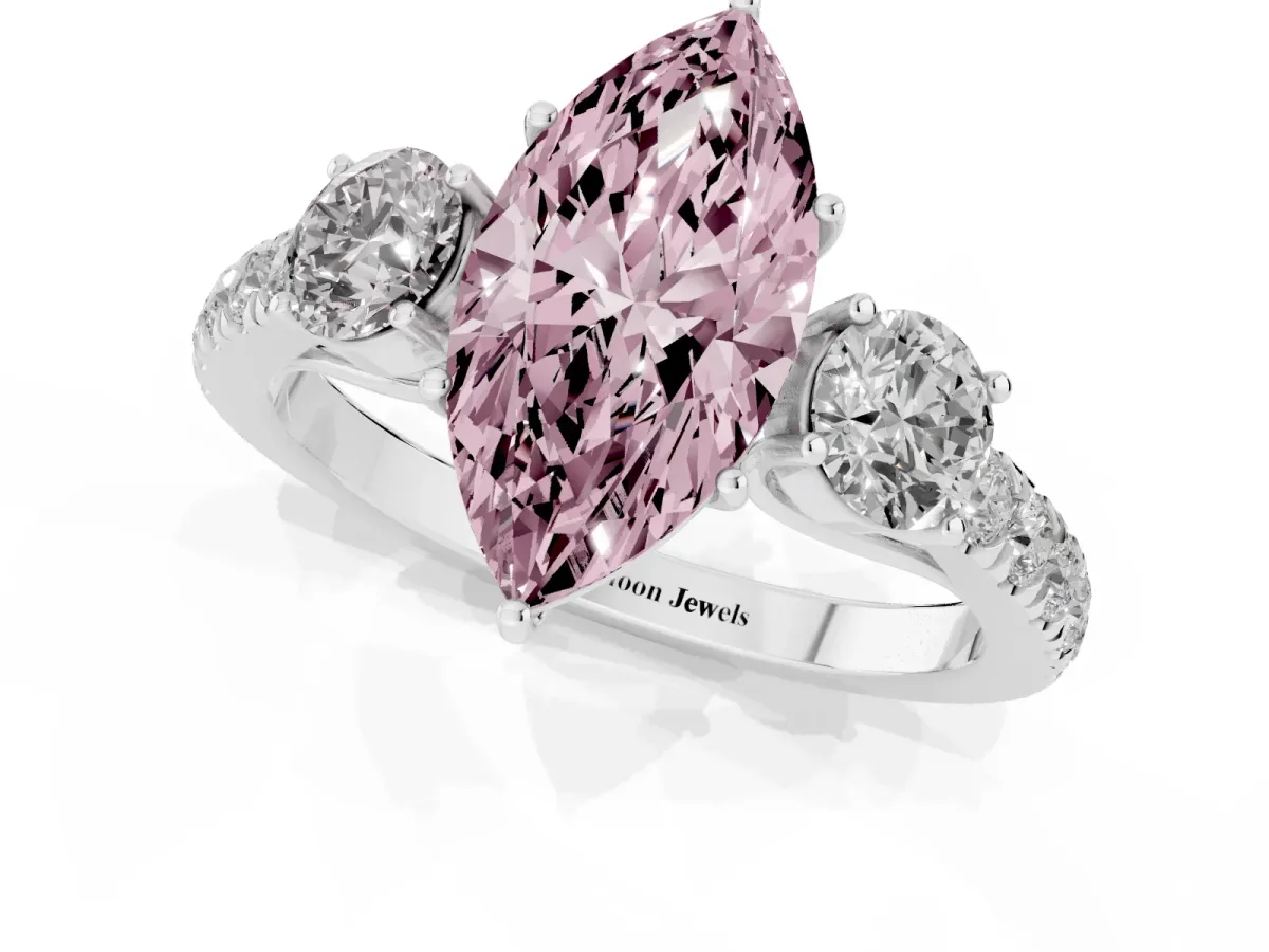 Fancy Pink Marquise Cut Cut Diamond Three-Stone Ring with Round Side Stones and Pavé Band White gold