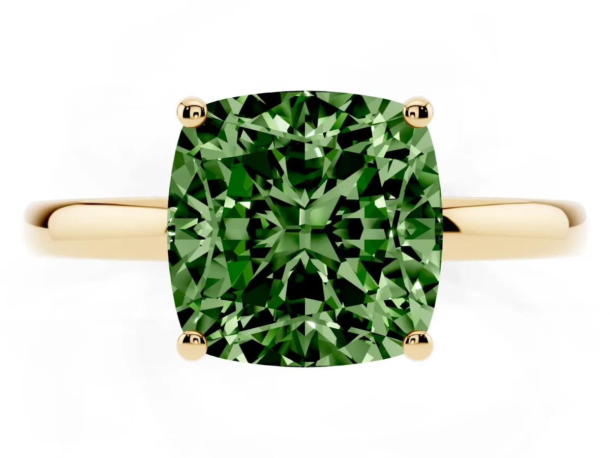 Fancy Green Cushion Cut Solitaire Diamond Ring with Prong Setting and Plain Band Yellow gold