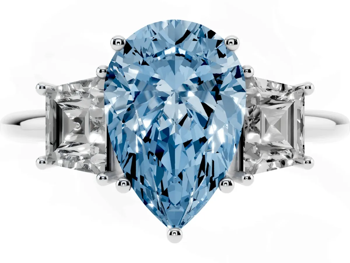 Fancy Blue Pear Cut Diamond Three-Stone Ring with Trapezoid Side Stones and Prong Setting Platinum