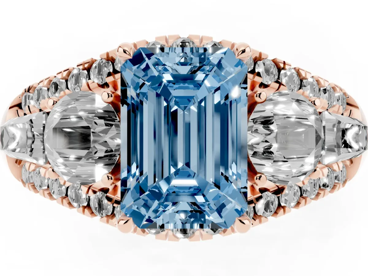 Fancy Blue Three-Stone Emerald Cut Diamond Engagement Ring with Pave Band and Prong Setting Rose gold