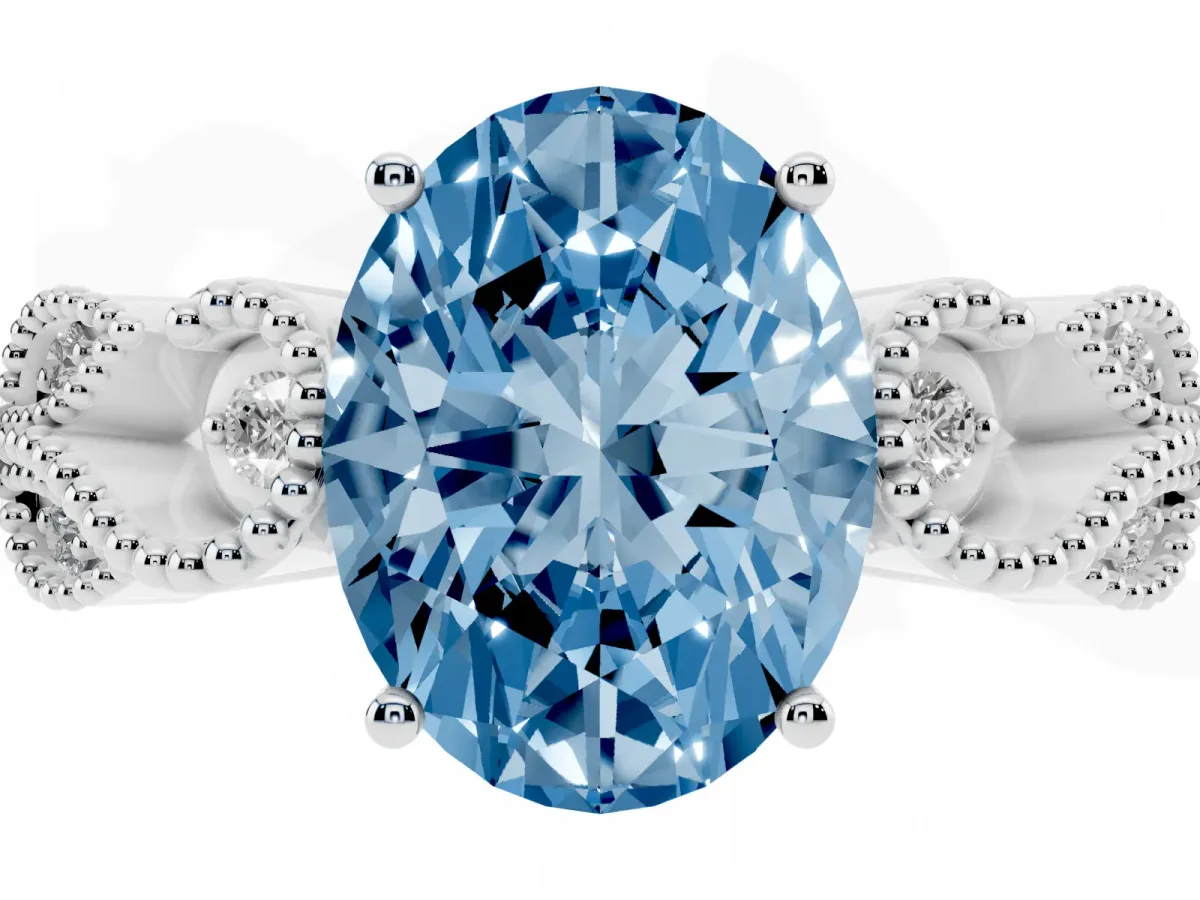 Fancy Blue Oval Cut Solitaire Milgrain Leaf Band with Prong Setting Silver