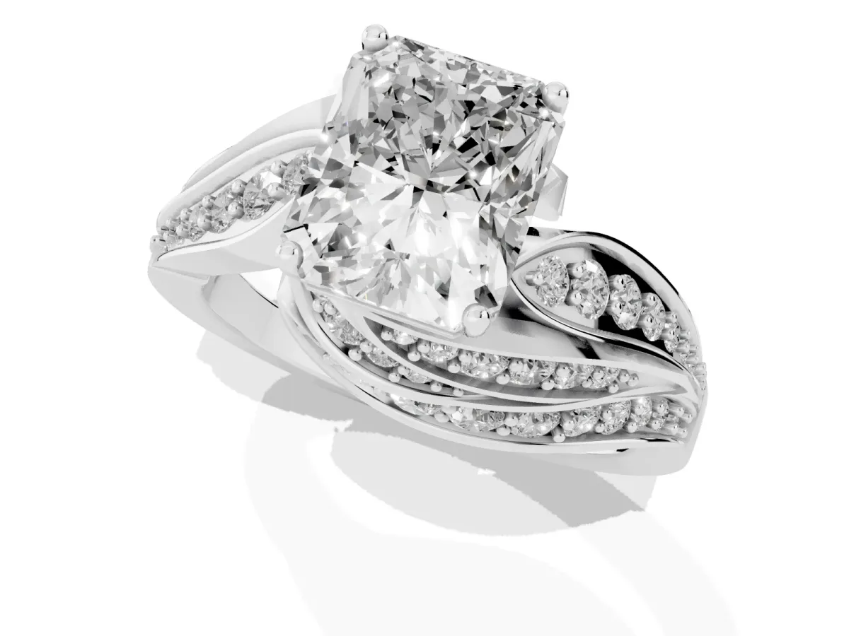Radiant Cut Diamond Solitaire Ring with Prong Setting and Twisted Pavé Band Silver