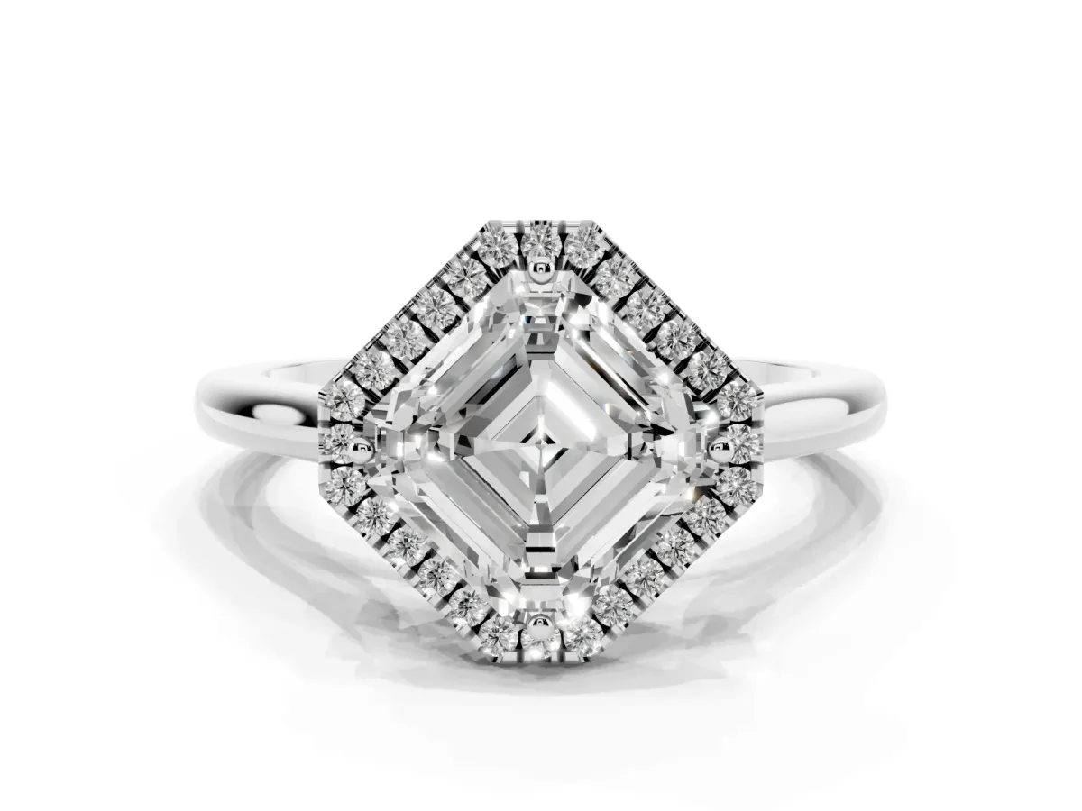 Asscher Cut Halo Round Diamond Solitaire Engagement Ring with Pave Band and Four-Prong Setting Platinum