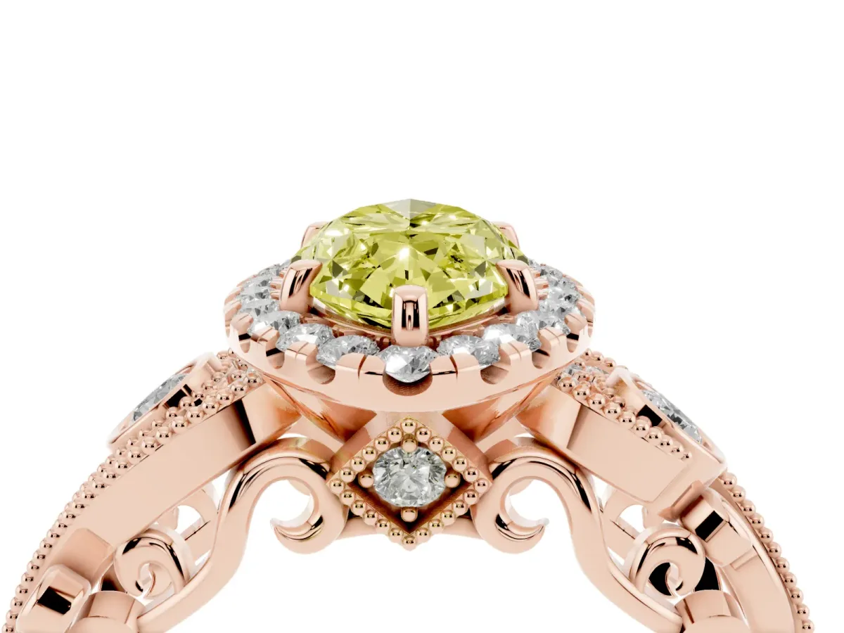Fancy Yellow Marquise Cut Diamond Halo Ring with Milgrain Pavé Band and Four-Prong Setting Rose gold