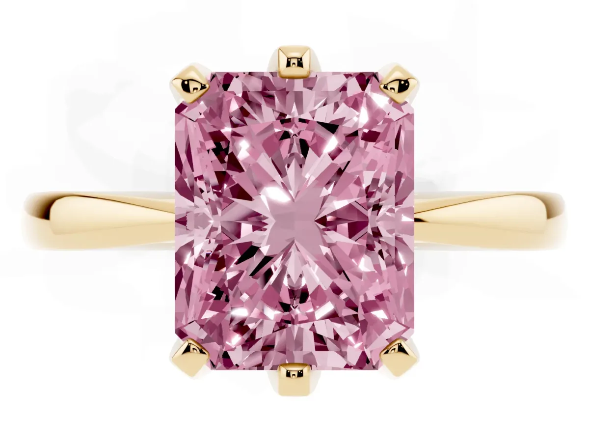 Fancy Pink Radiant Cut Solitaire Engagement Ring with Six-Prong Setting and Tapered Band Yellow gold