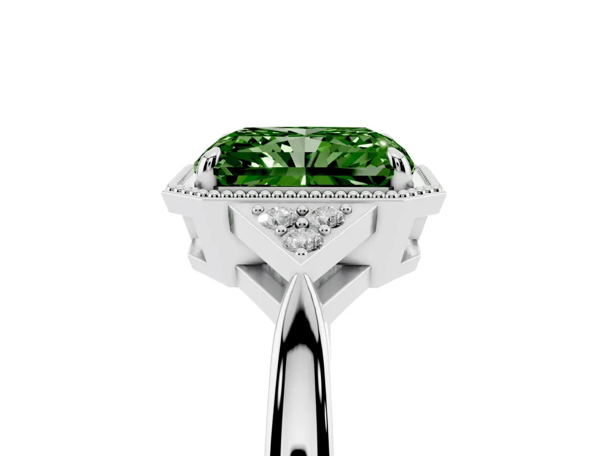 Fancy Green Radiant Cut Diamond Halo Ring with Tapered Band and Four-Prong Setting Platinum