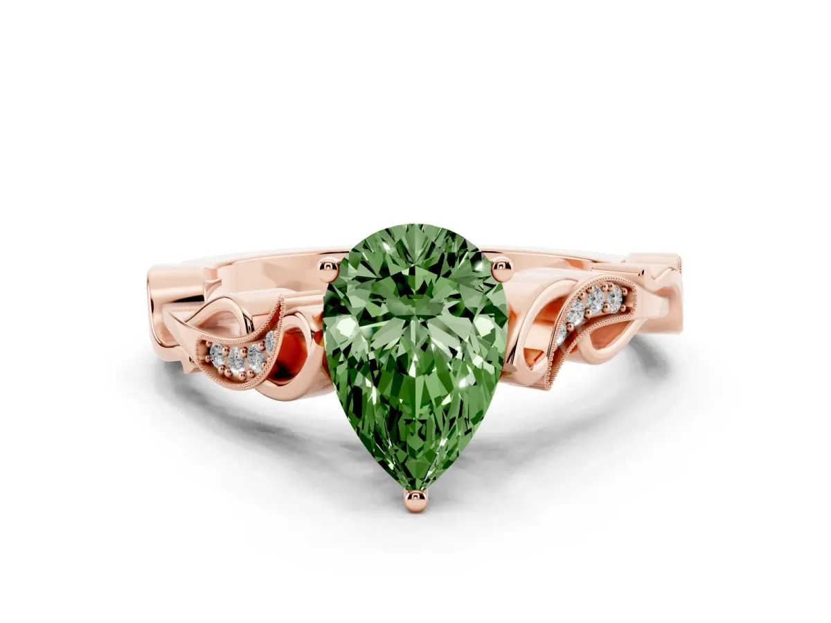 Fancy Green Pear Cut Solitaire Vine Band with Milgrain Prong Setting Rose gold