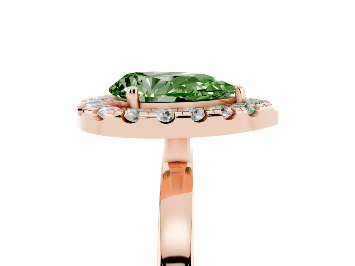 Fancy Green Pear Cut Halo Diamond Solitaire with Pavé Band and Four-Prong Setting Rose gold