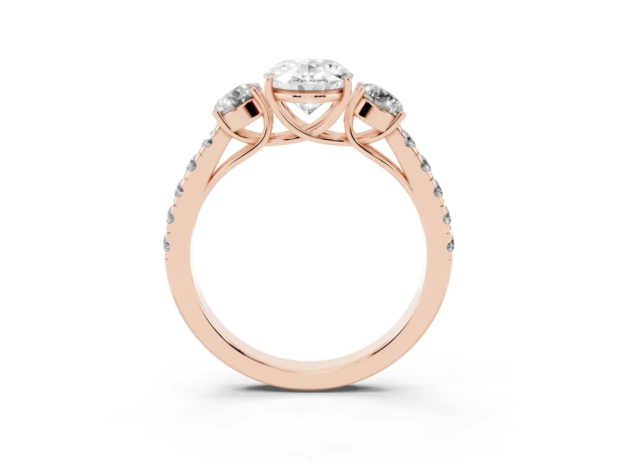 Oval Cut Cut Diamond Three-Stone Ring with Round Side Stones and Pavé Band Rose gold