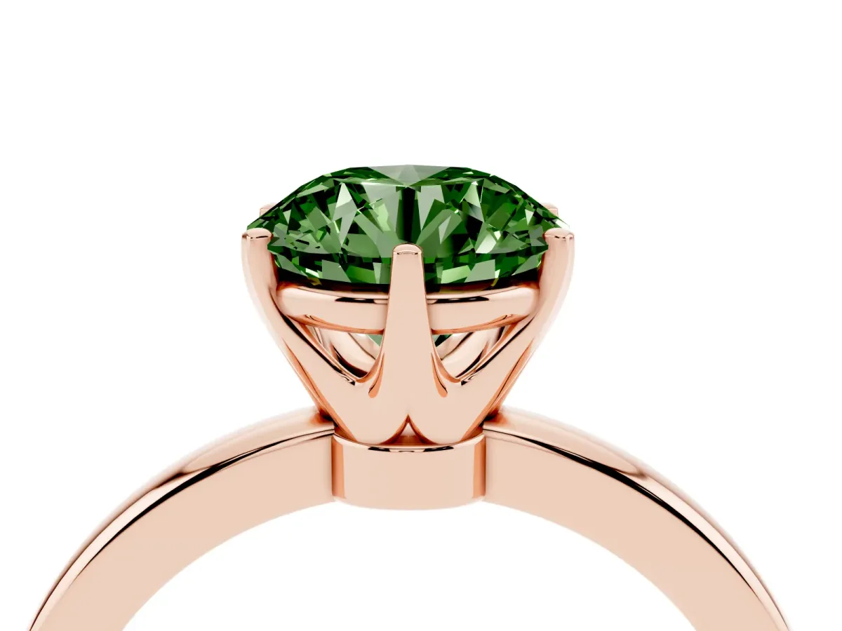 Fancy Green Round Cut Solitaire Diamond Ring with Six-Prong Setting on a Classic Band Rose gold