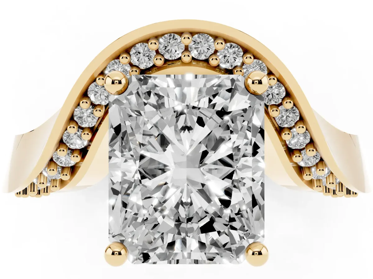 Radiant Cut Solitaire Diamond Engagement Ring with Pave Band and Four-Prong Setting Yellow gold
