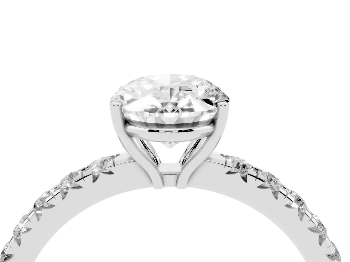 Oval Cut Diamond Pavé Solitaire Engagement Ring with Four-Prong Setting Platinum