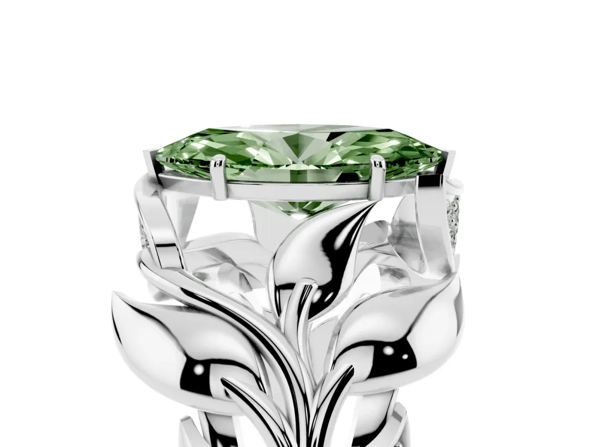 Fancy Green Marquise Cut Diamond Leaf-Inspired Engagement Ring with Round Accents and Prong Setting White gold
