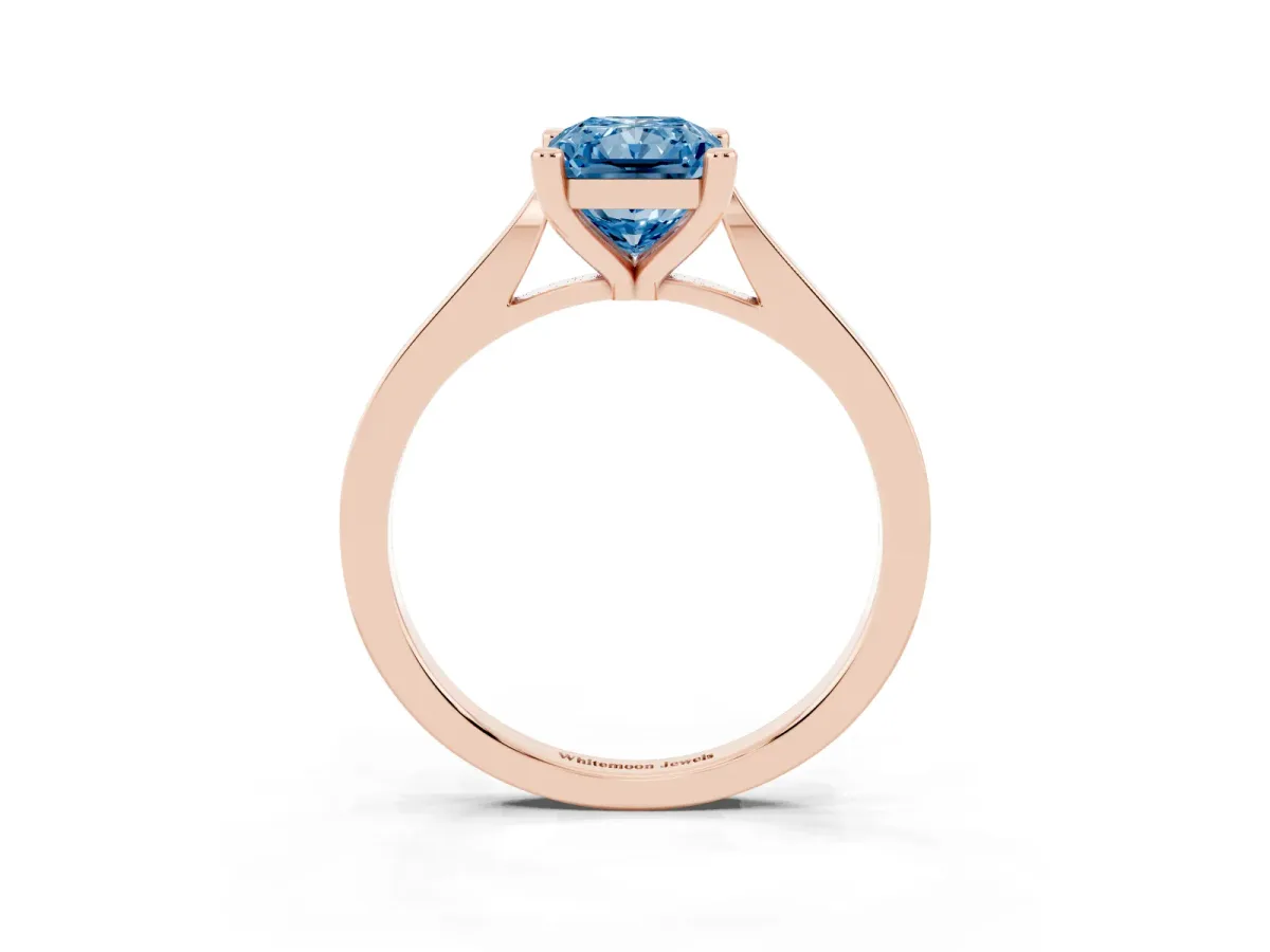 Fancy Blue Radiant Cut Solitaire Diamond Ring with Four-Prong Setting and Tapered Band Rose gold
