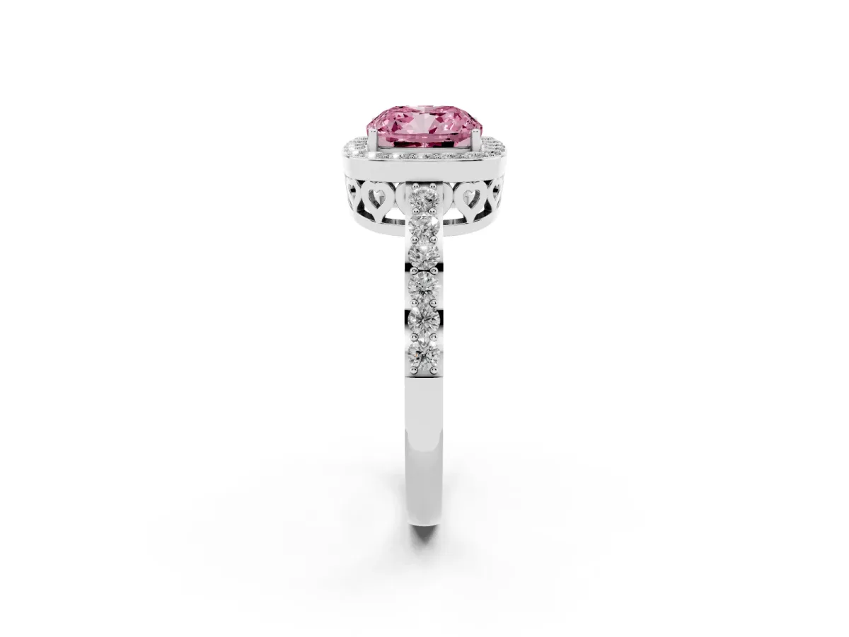Fancy Pink Cushion Cut Halo Diamond Pavé Band Ring with Prong Setting Silver