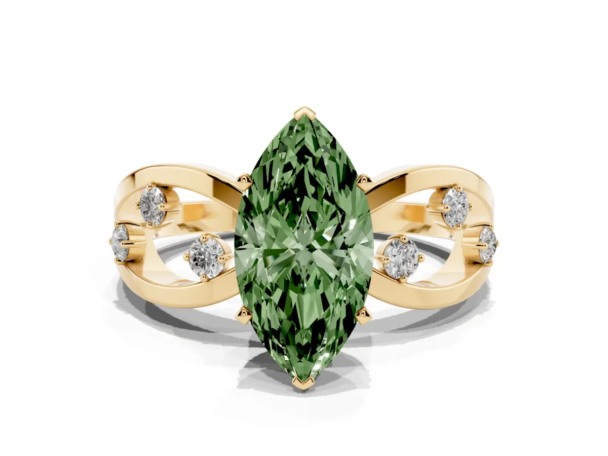 Fancy Green Marquise Cut Cut Solitaire Diamond with Side Stones on Criss-Cross Band and Four-Prong Setting Yellow gold
