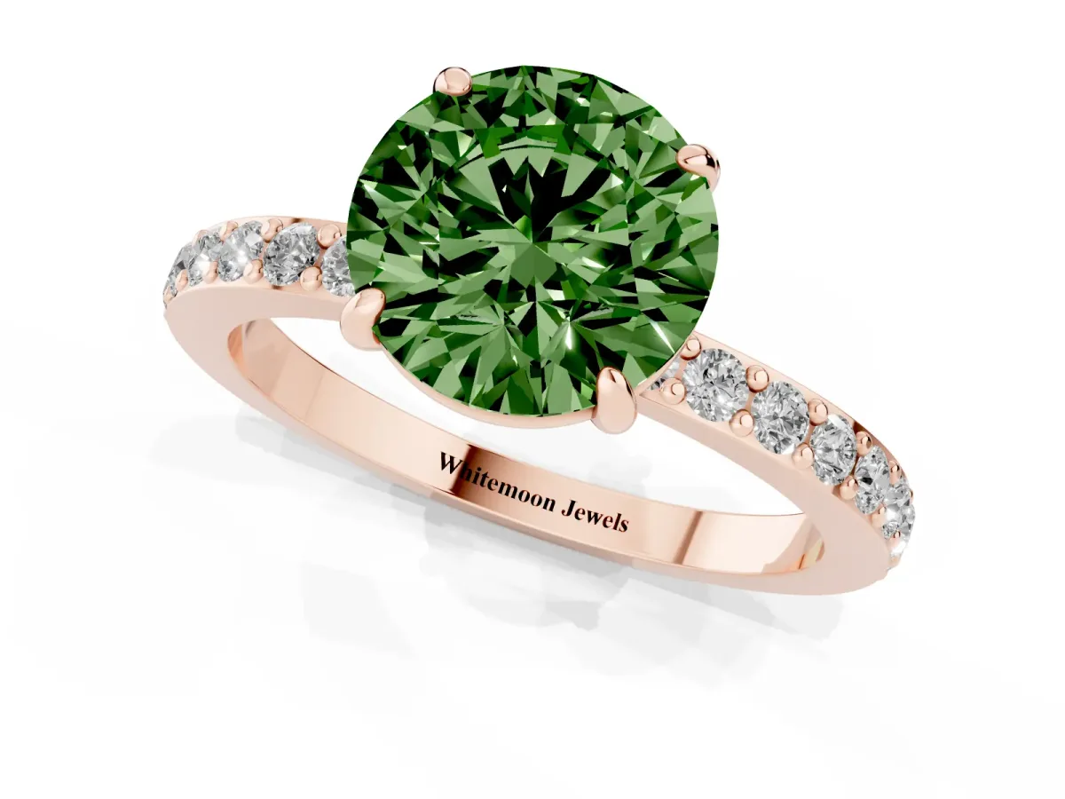 Fancy Green Round Cut Diamond Pavé Engagement Ring with Round Accents and Prong Setting Rose gold
