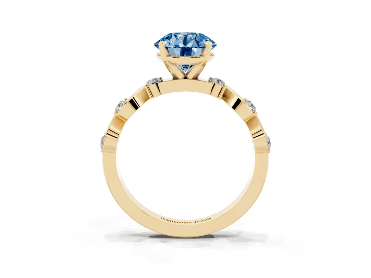 Fancy Blue Round Cut Diamond Solitaire Twisted Band with Round Accents and Prong Setting Yellow gold