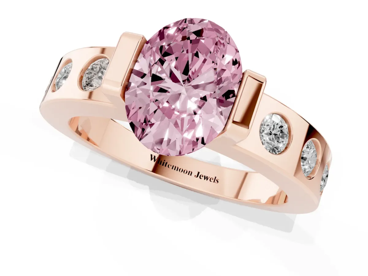 Fancy Pink Oval Cut Brilliant Channel-Set Diamond Ring with Bezel Prong Setting Rose gold