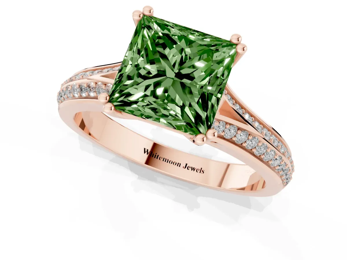 Fancy Green Princess Cut Diamond Split Shank Engagement Ring with Pavé Band Rose gold