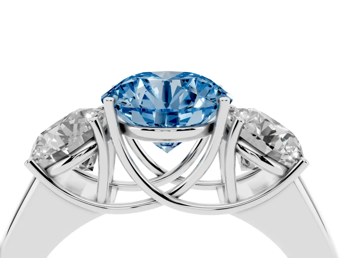 Fancy Blue Three-Stone Round Cut Cut Diamond Ring with Prong Setting and Classic Band Silver