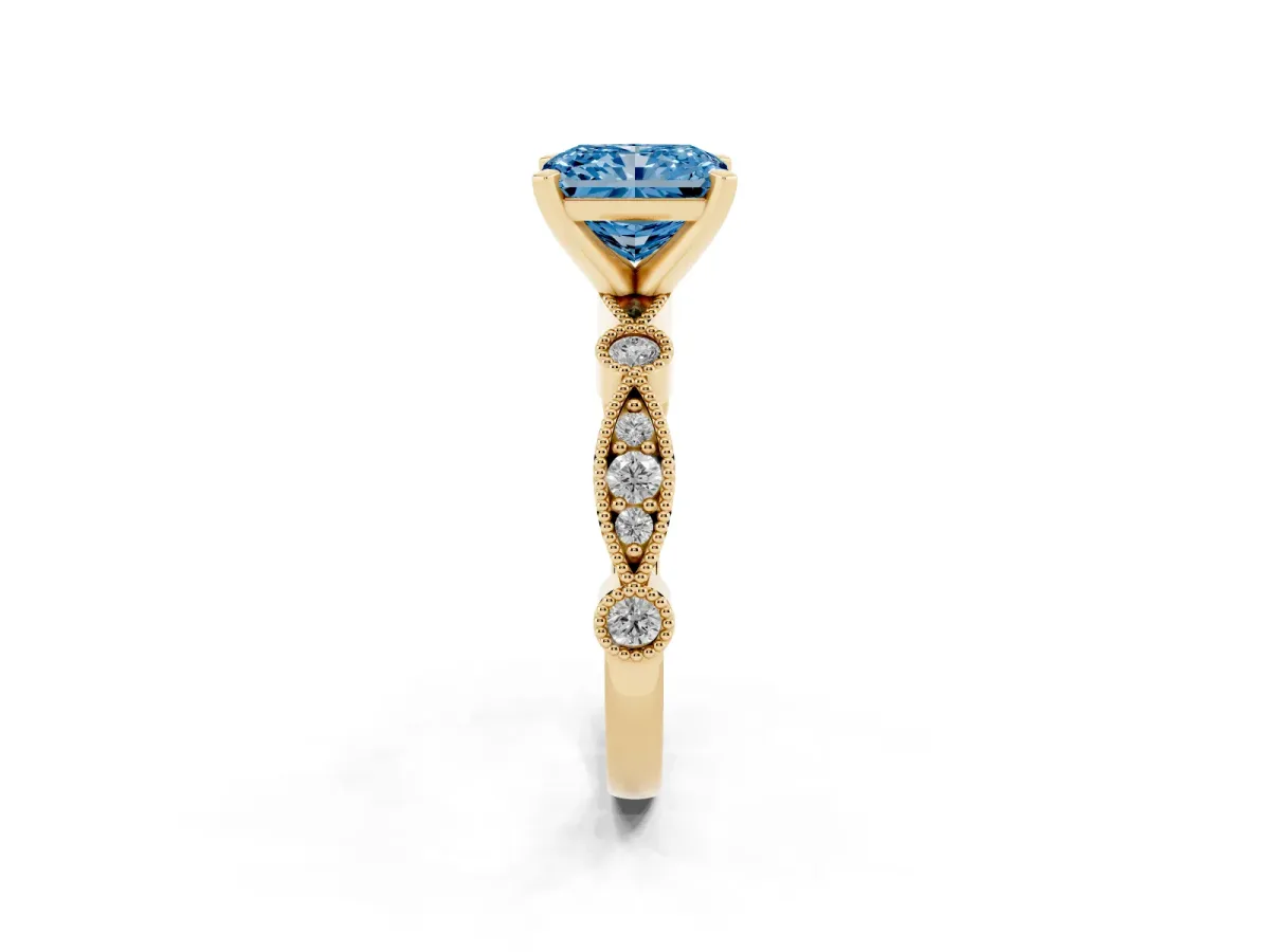 Fancy Blue Radiant Cut Milgrain Bezel Diamond Engagement Ring with Solitaire Prong Setting Yellow gold