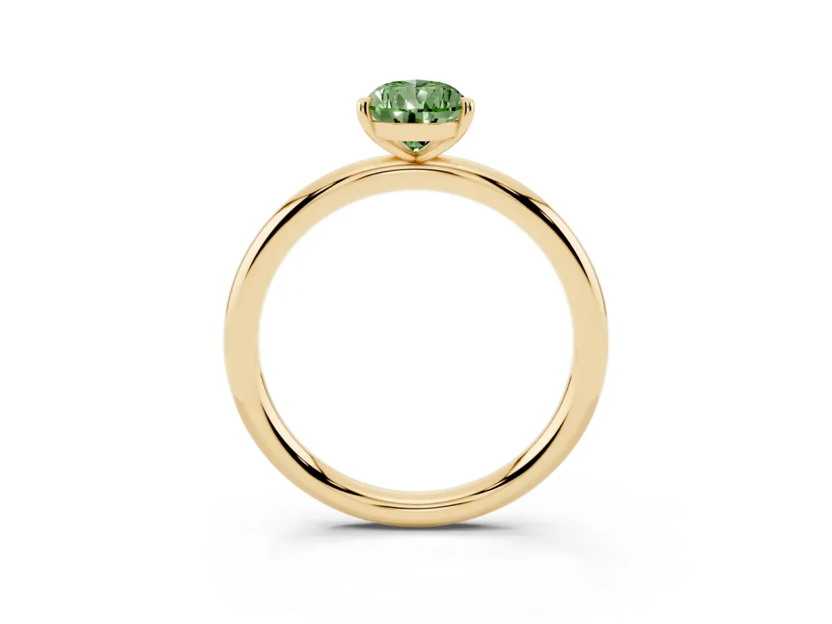 Fancy Green Pear Cut Solitaire Diamond Ring with Four-Prong Setting on a Plain Band Yellow gold