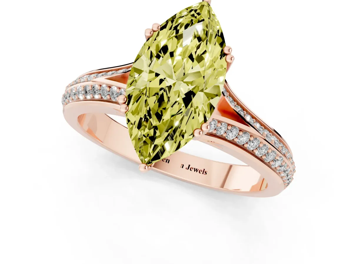 Fancy Yellow Marquise Cut Diamond Split Shank Engagement Ring with Pavé Band Rose gold