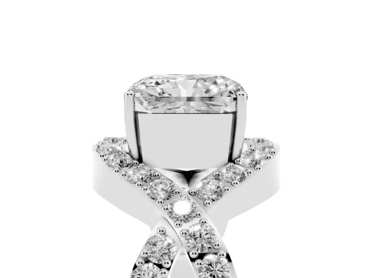 Radiant Cut Solitaire Twist Band Pavé Diamond Engagement Ring Platinum