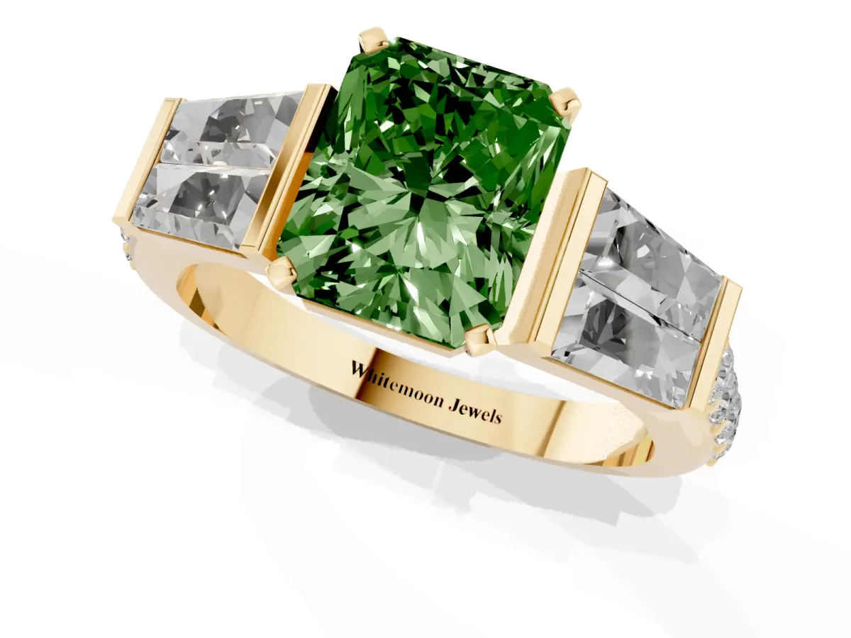Fancy Green Radiant Cut Diamond Engagement Ring with Baguette Side Stones and Channel Set Band Yellow gold