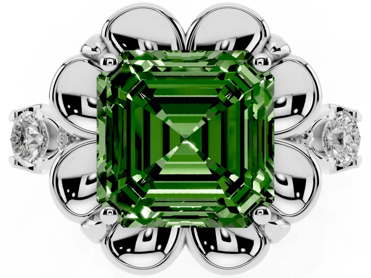 Fancy Green Asscher Cut Cut Diamond Floral Halo Engagement Ring with Shared Prong Setting Silver