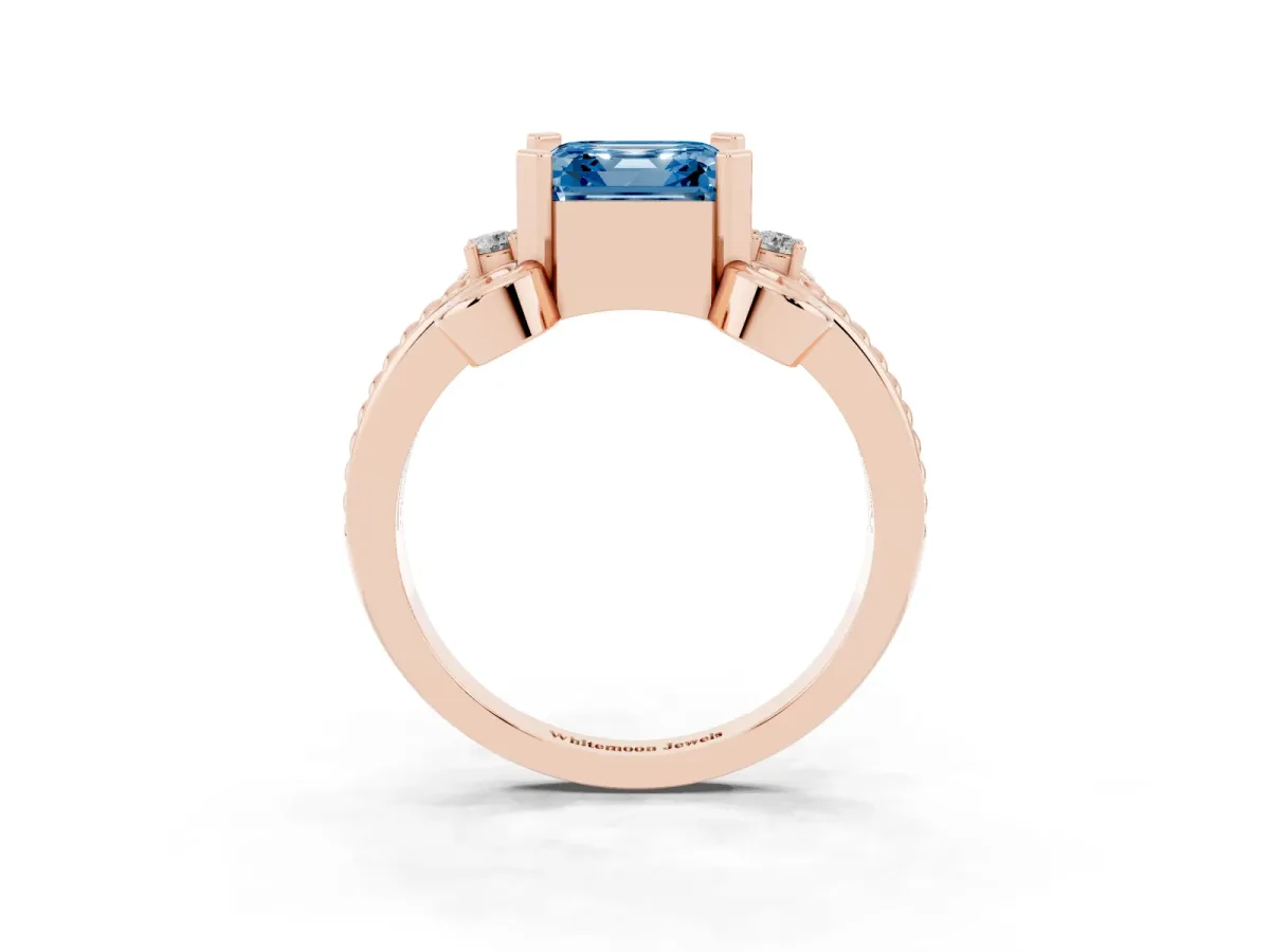Fancy Blue Asscher Cut Solitaire Twisted Band Scroll Prong Ring Rose gold