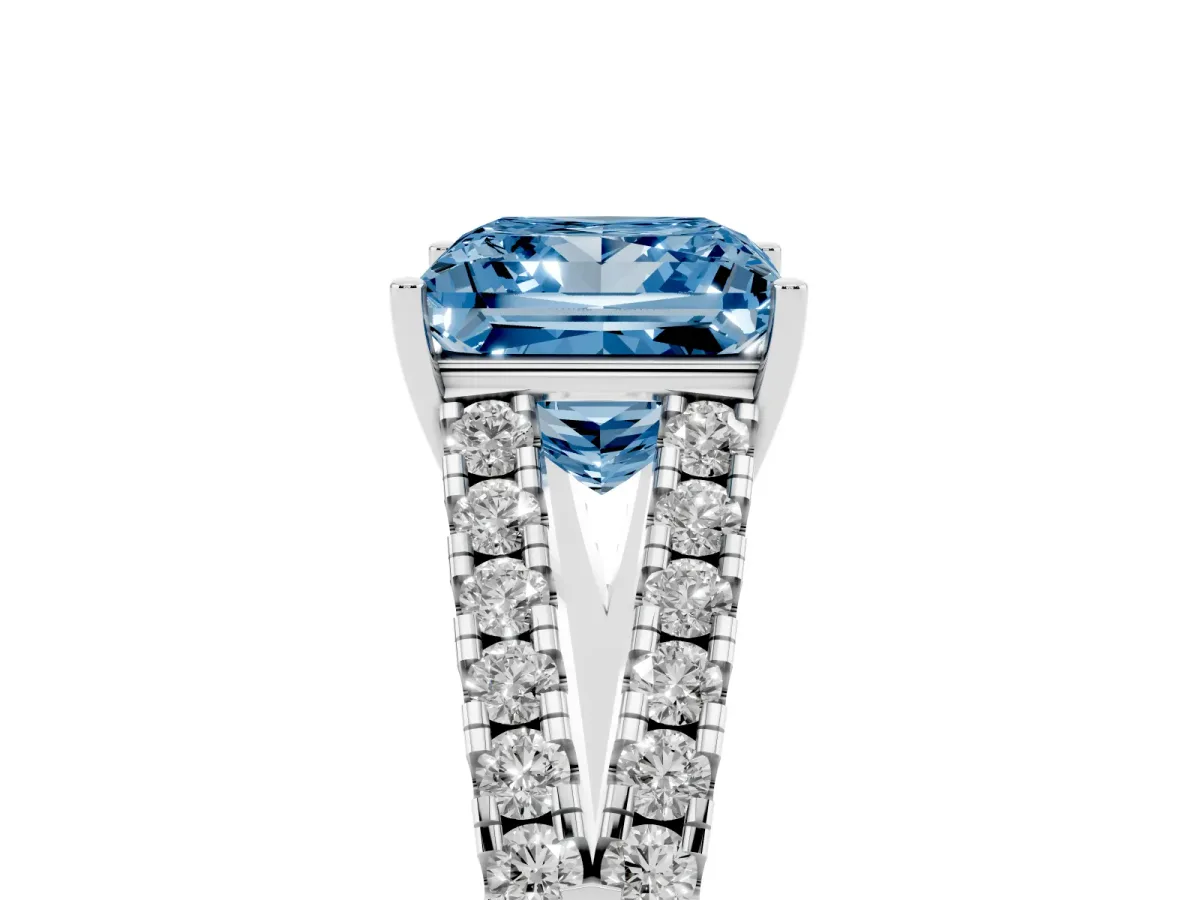 Fancy Blue Princess Cut Diamond Split Shank Pavé Engagement Ring with Four-Prong Setting White gold