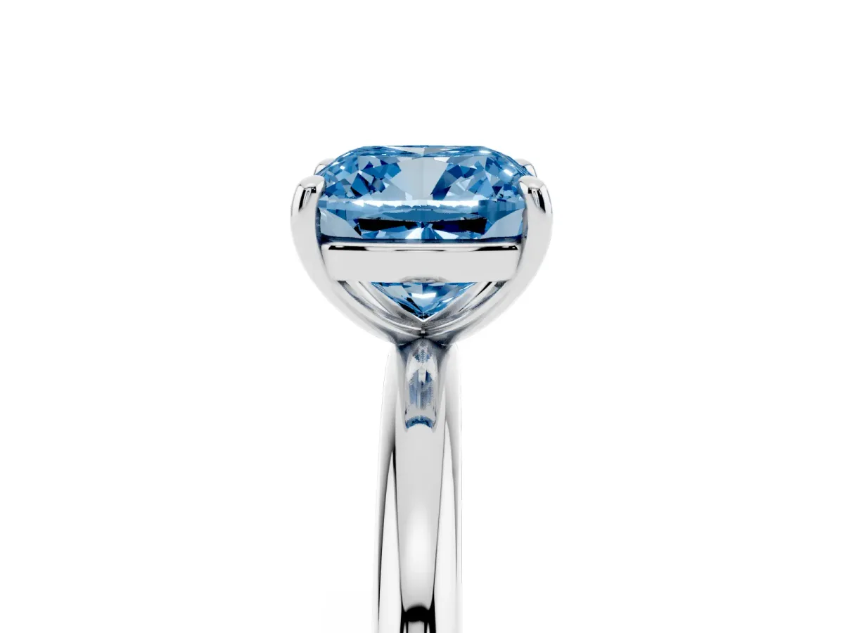 Fancy Blue Cushion Cut Solitaire Diamond Ring with Four-Prong Setting on a Plain Band White gold