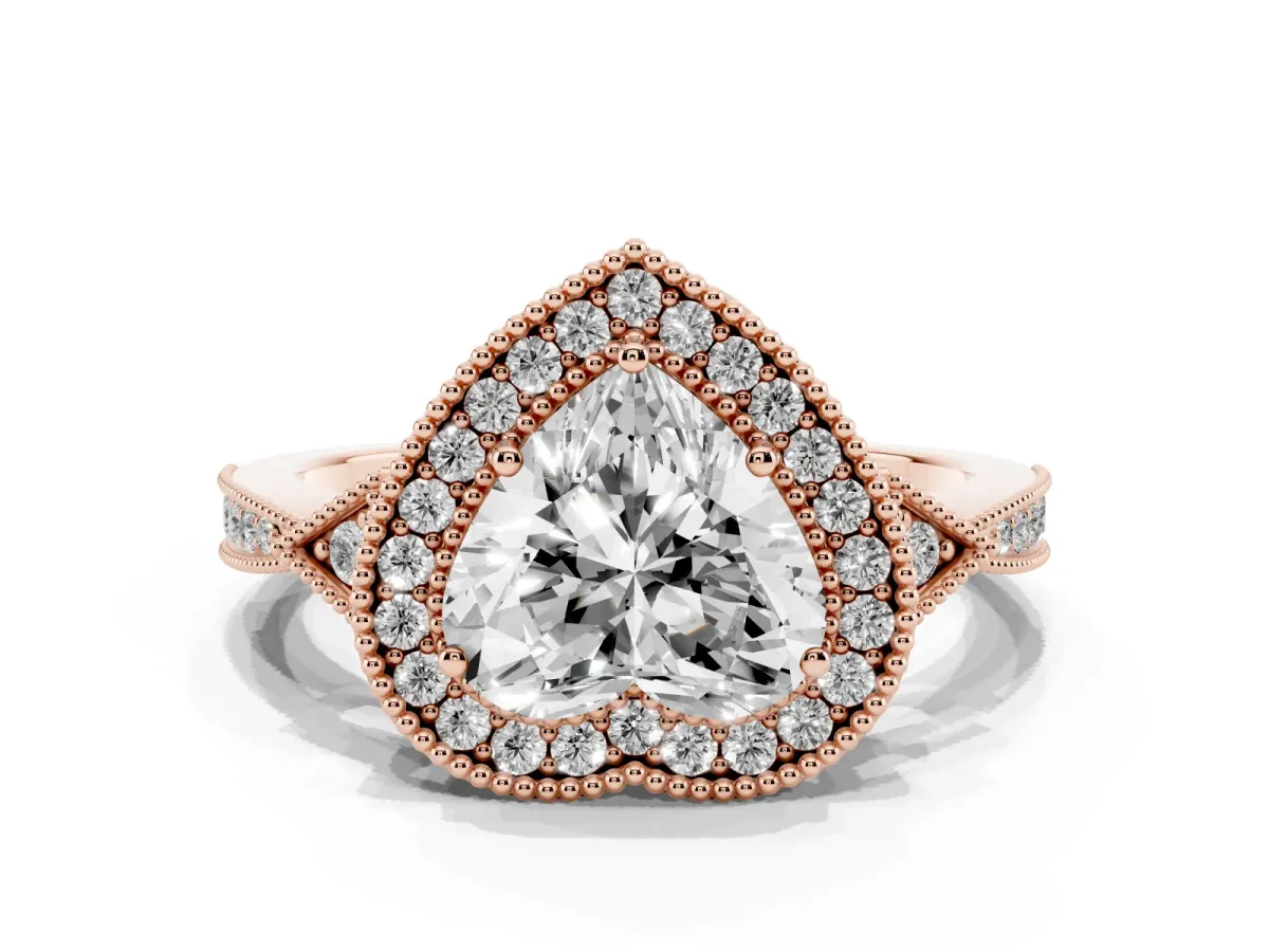 Heart Cut Halo Round Diamond Milgrain Pave Engagement Ring Rose gold