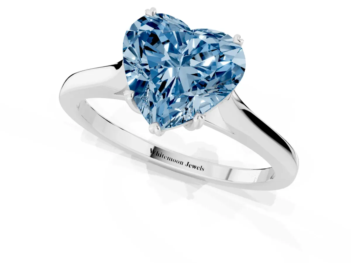 Fancy Blue Heart Cut Solitaire Heart Prong Engagement Ring with Tapered Band White gold