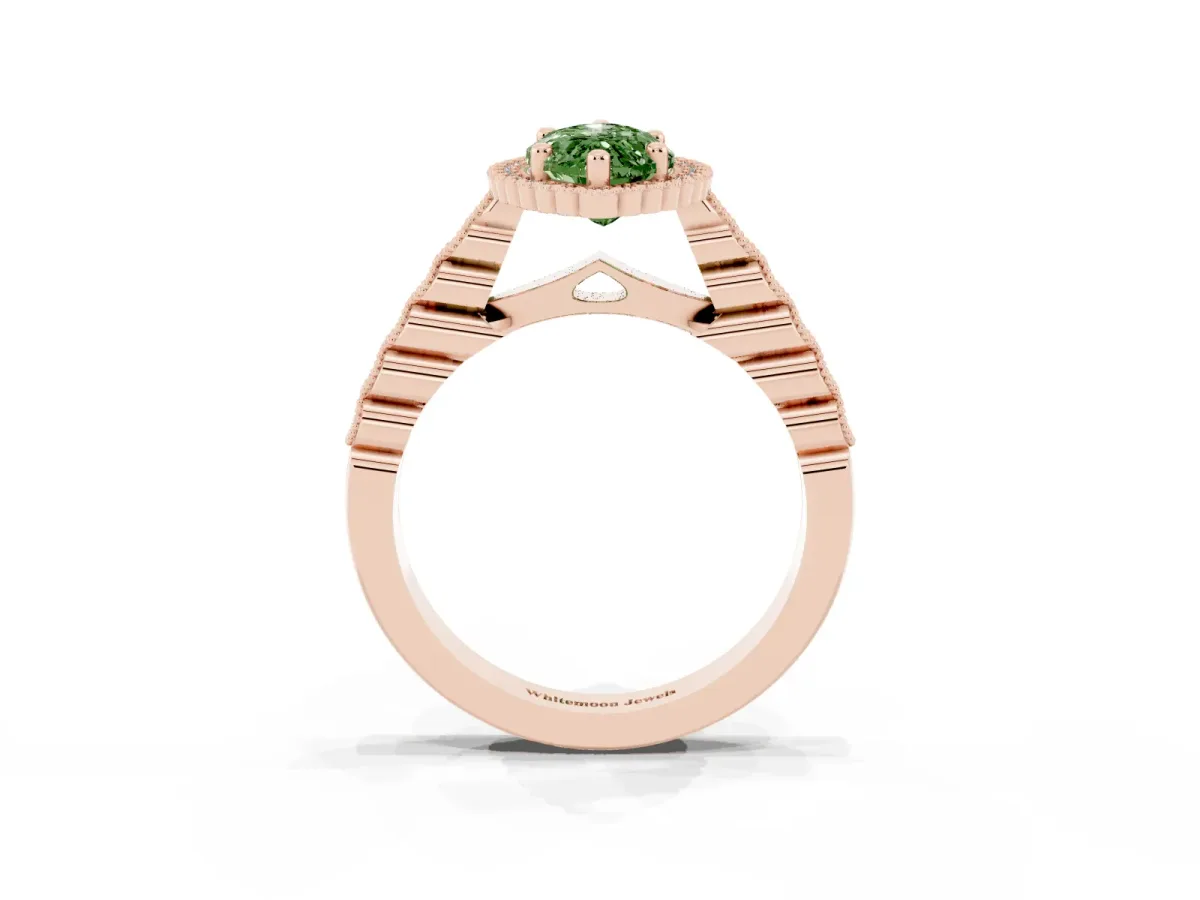 Fancy Green Marquise Cut Cut Halo Pavé Solitaire Ring with Milgrain Band Rose gold