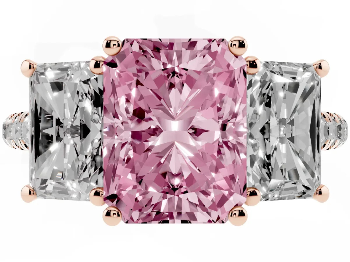 Fancy Pink Three-Stone Radiant Cut Diamond Ring with Round Pavé Band and Prong Setting Rose gold